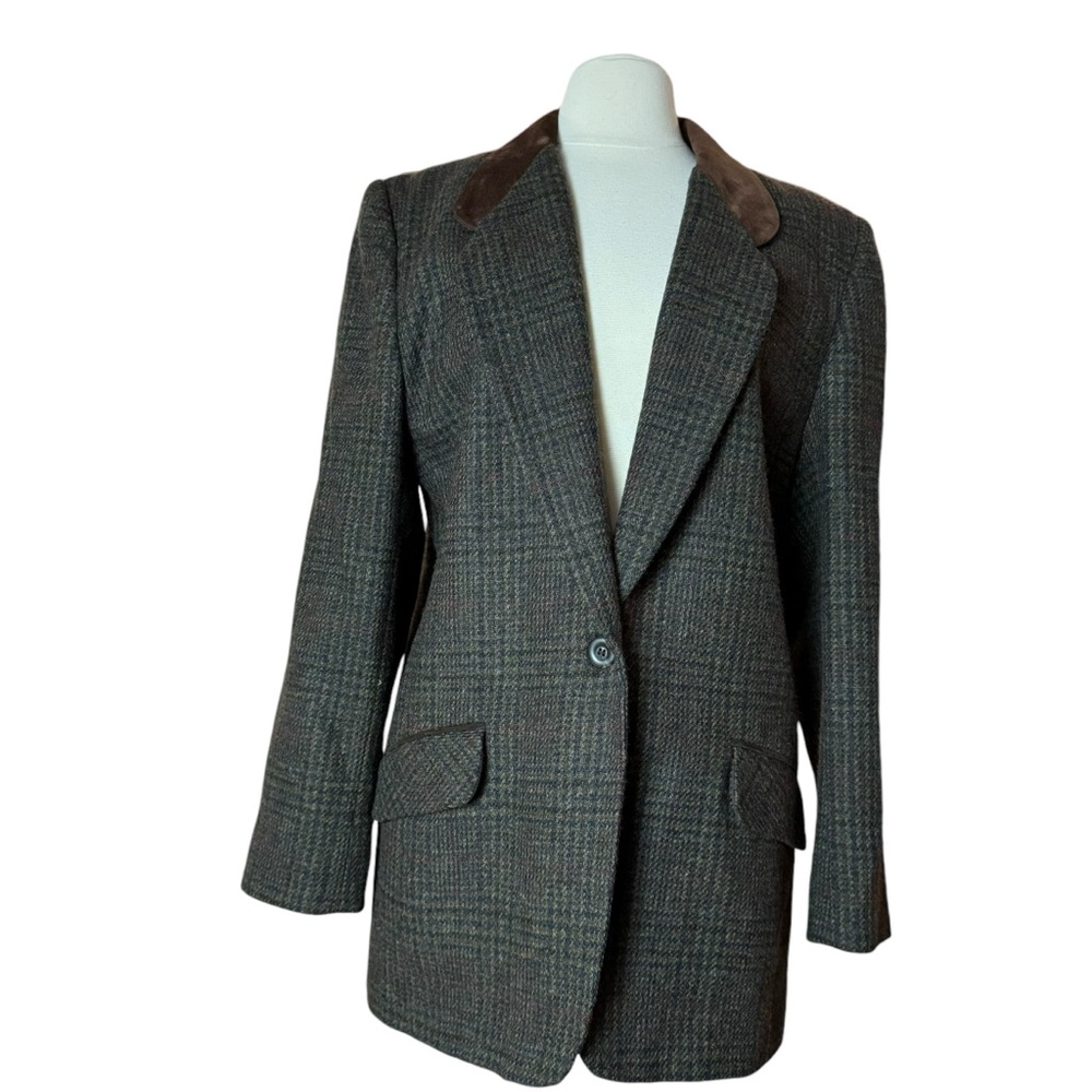 VTG Women's Blazer Jacket Size 14 David N. Tweed Plaid Wool Suede Trim Collar